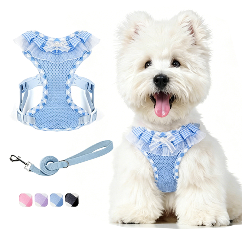 No Pull Dog Harness - ชุดสายจูงและปลอกคอสำหรับสุนัขขนาดเล็ก แบบผูกโบว์ ปลอกคอแบบไม่รัด พร้อมสายรัดเอวสะท้อนแสง ปรับได้
